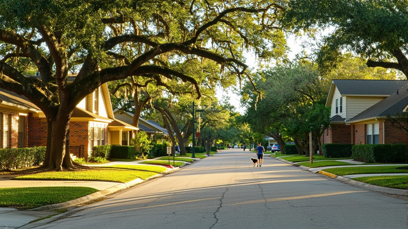 Tree-lined residential street in Austin, TX with well-kept homes and a person walking their dog on the sidewalk.