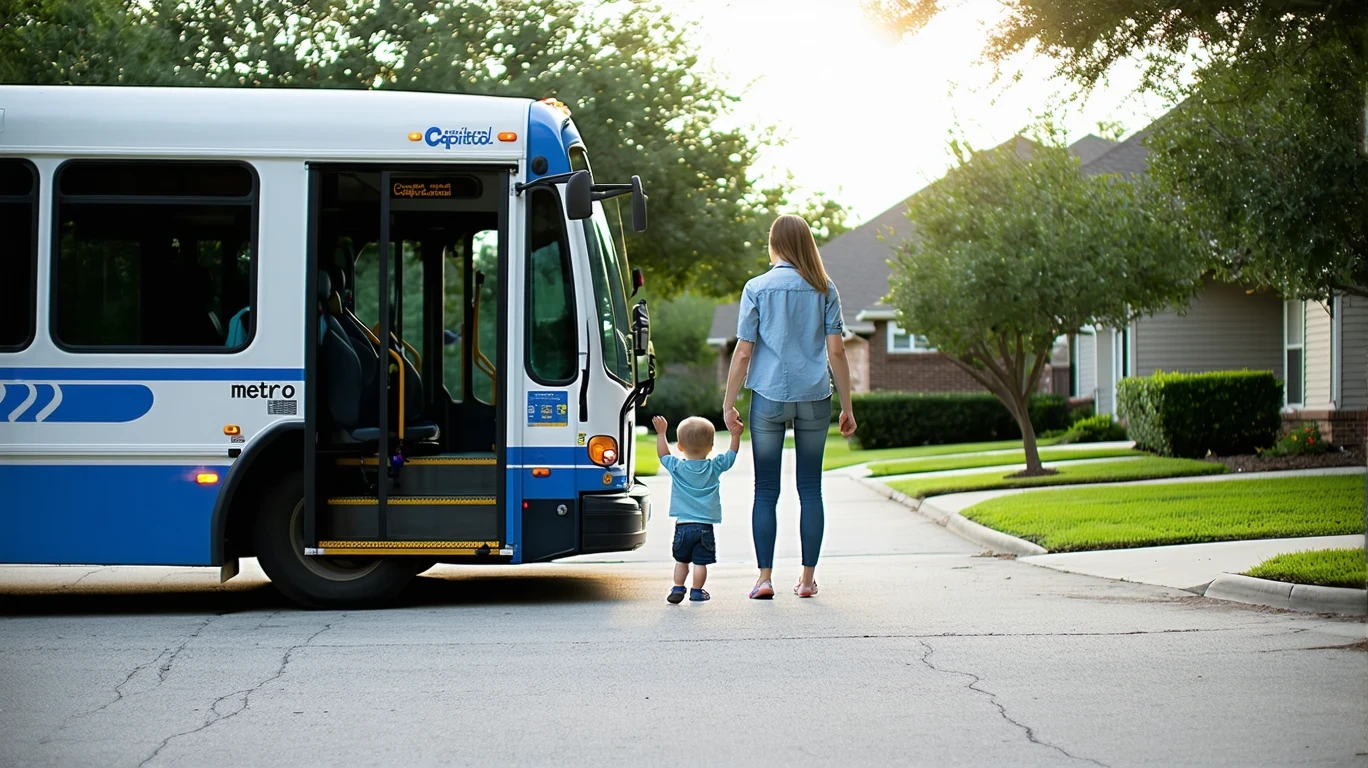 A parent and child boarding a Capital Metro bus on a cloudy day in an Austin neighborhood with houses visible in the background.