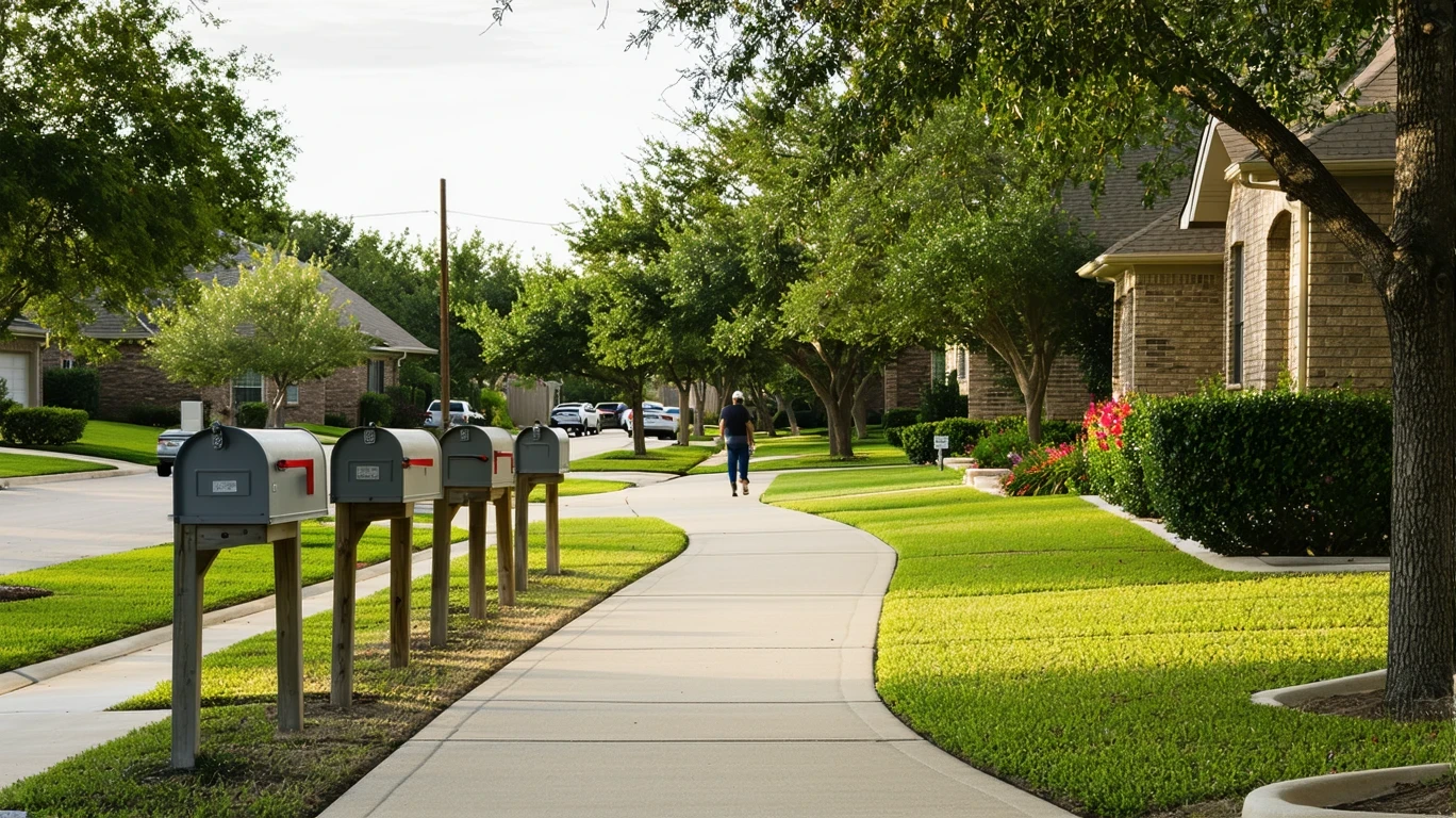 A sunlit sidewalk curving past a row of gray mailboxes in front of tidy homes on a tree-lined street.