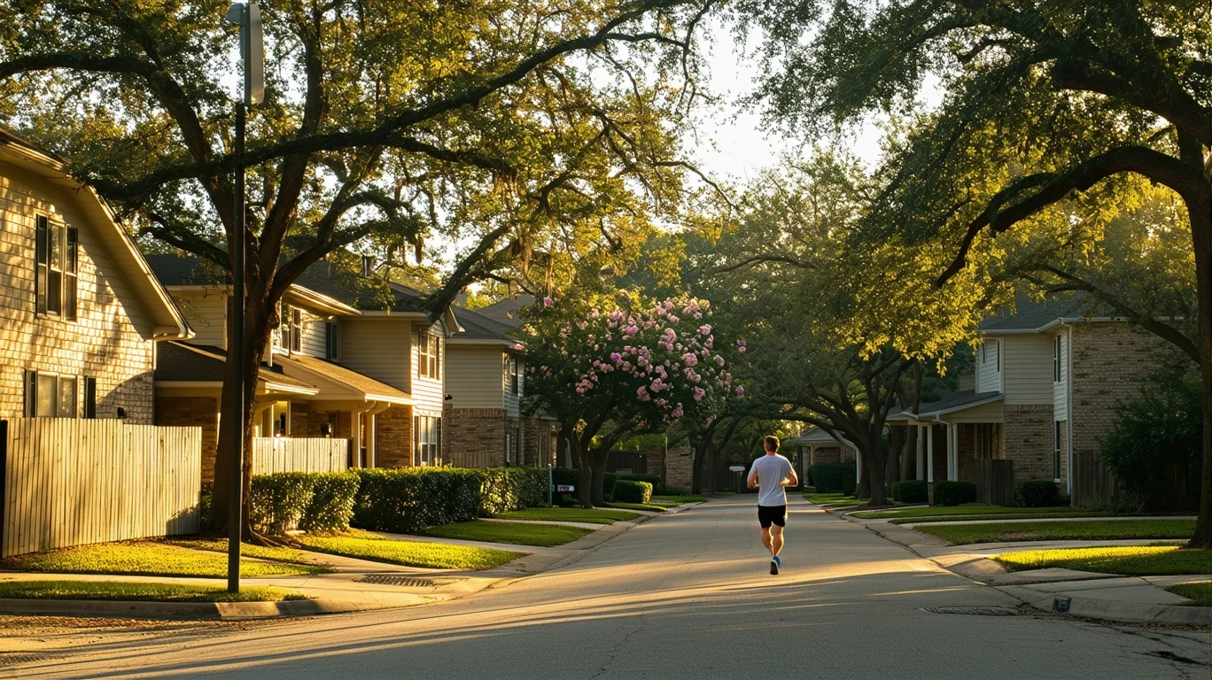 A tree-lined residential street in Austin, TX at sunrise, with one-story homes and a jogger in the distance.