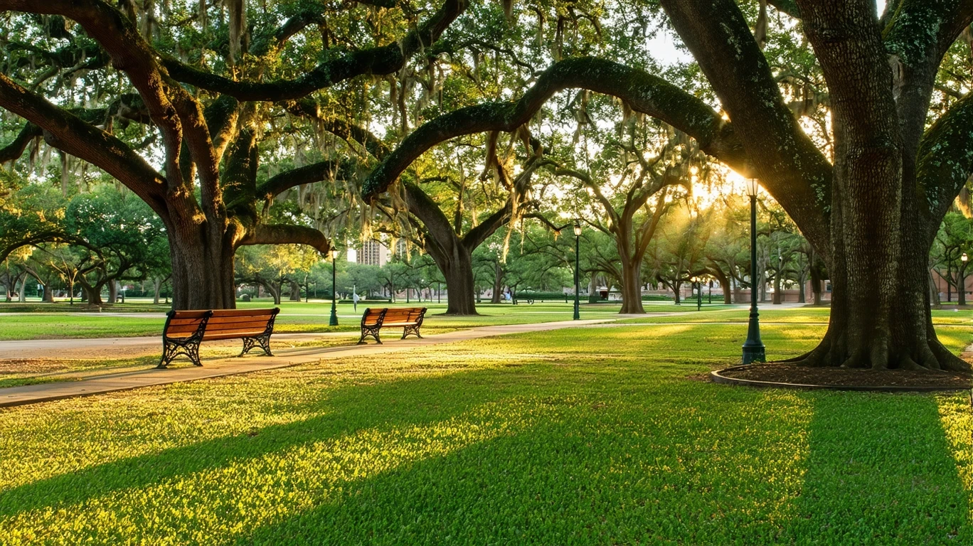 A tranquil park lawn in Austin at sunset, with empty benches beneath oak trees and the city skyline in the distance.