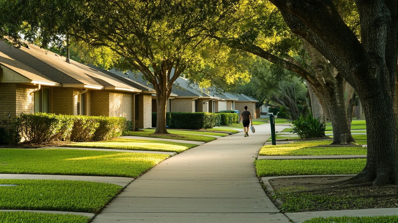 A tree-lined residential street in Austin, Texas with a winding sidewalk and modest single-story homes visible through the foliage.
