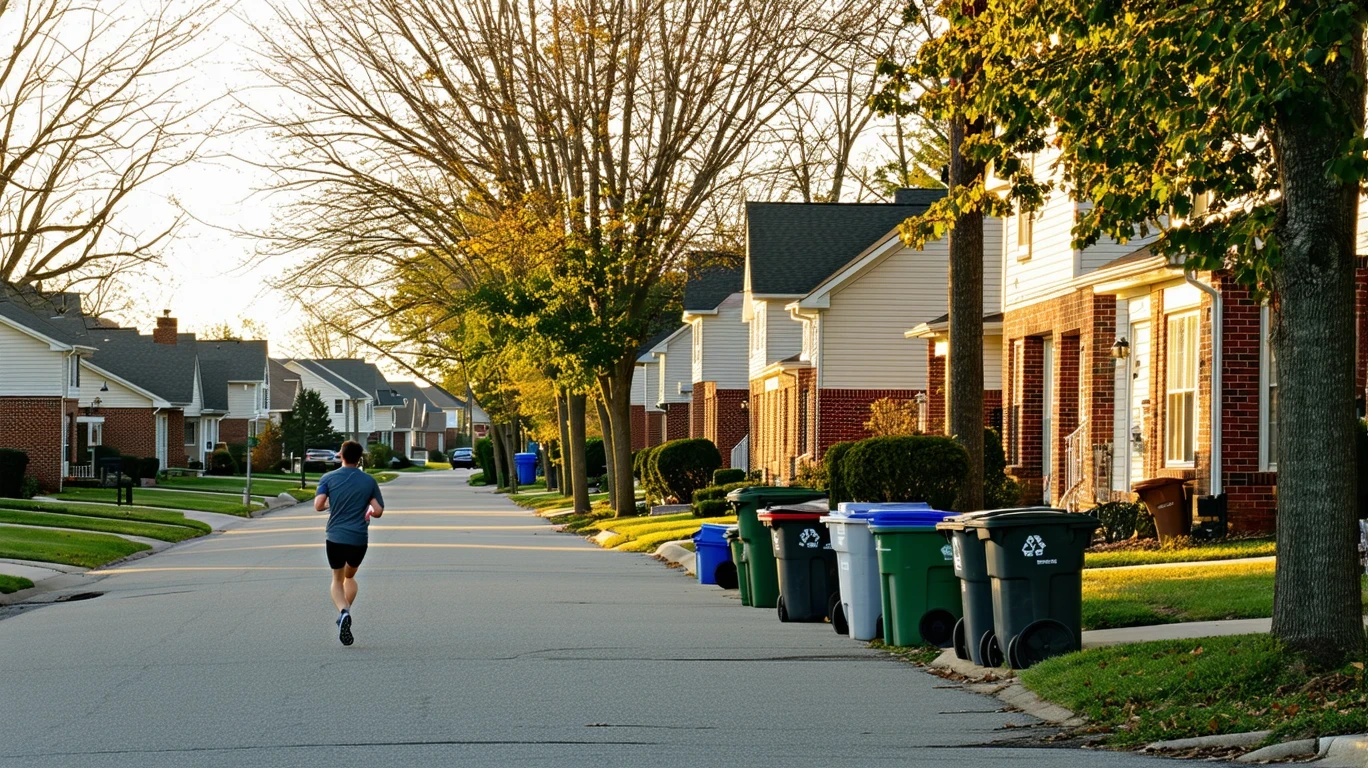 A suburban street in Avon, Indiana lined with red-brick homes and trash bins out for pickup, with a jogger running past.