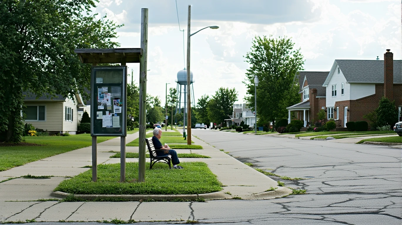 A person waiting at a bus stop on a quiet residential street corner, with houses and trees visible in the background.