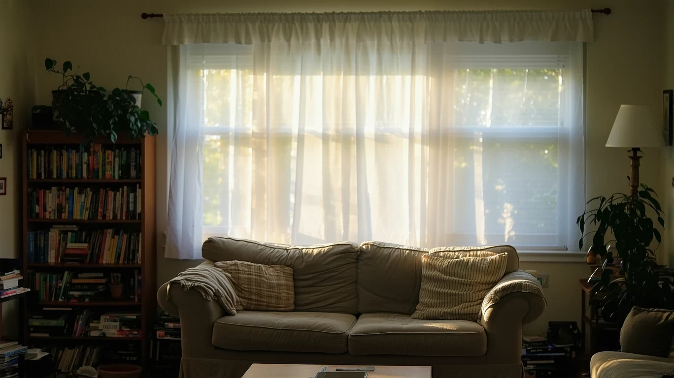 A sunlit living room with a couch and bookshelf in a suburban home.