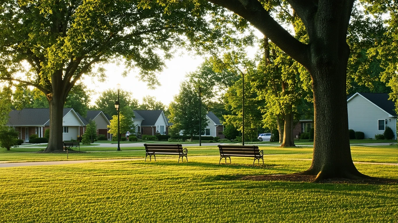 Avon neighborhood park with green lawn, oak trees, empty benches in golden evening light.