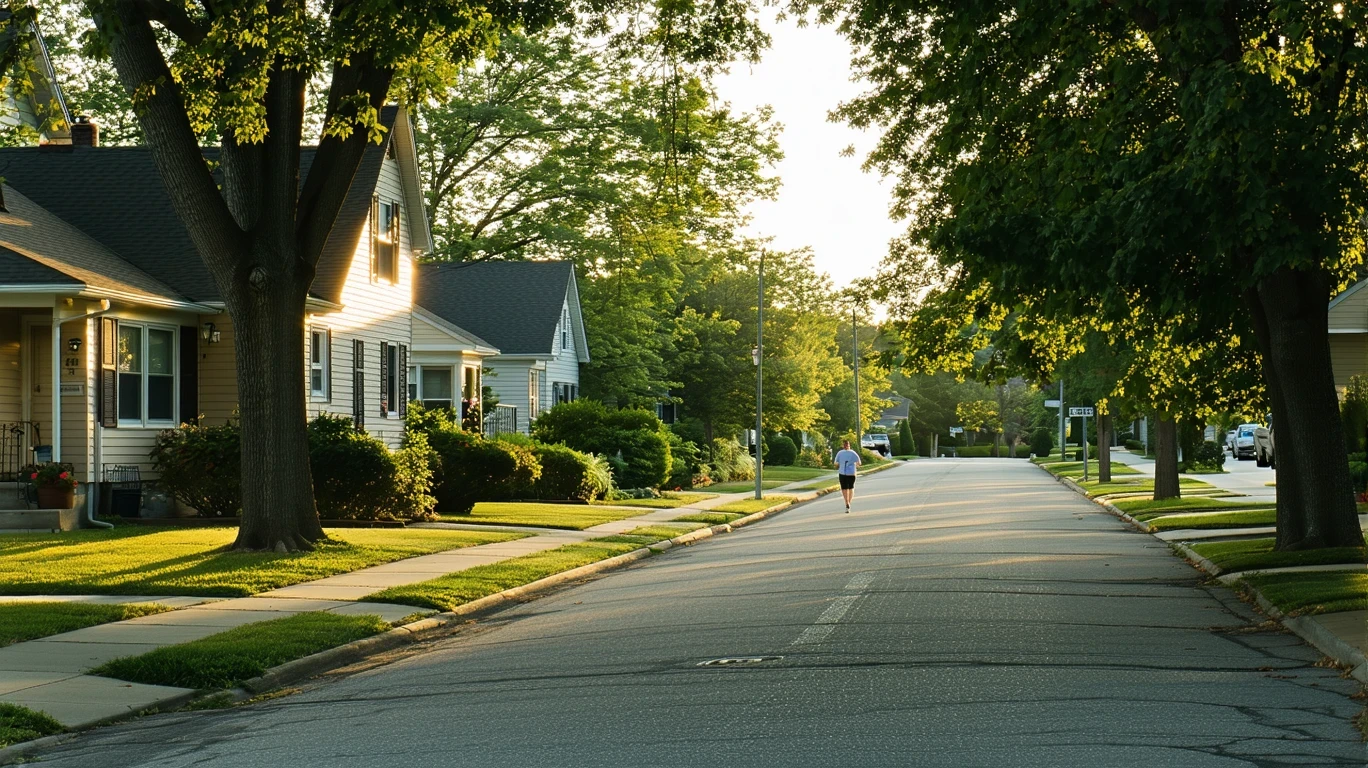 Greenwood residential street in morning light with one-story homes, sidewalks, and trees.