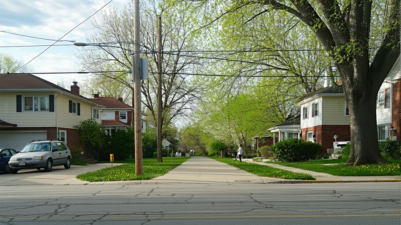 Tidy suburban street corner in Avon, Indiana with homes, trees, parked car, and person walking dog in distance.