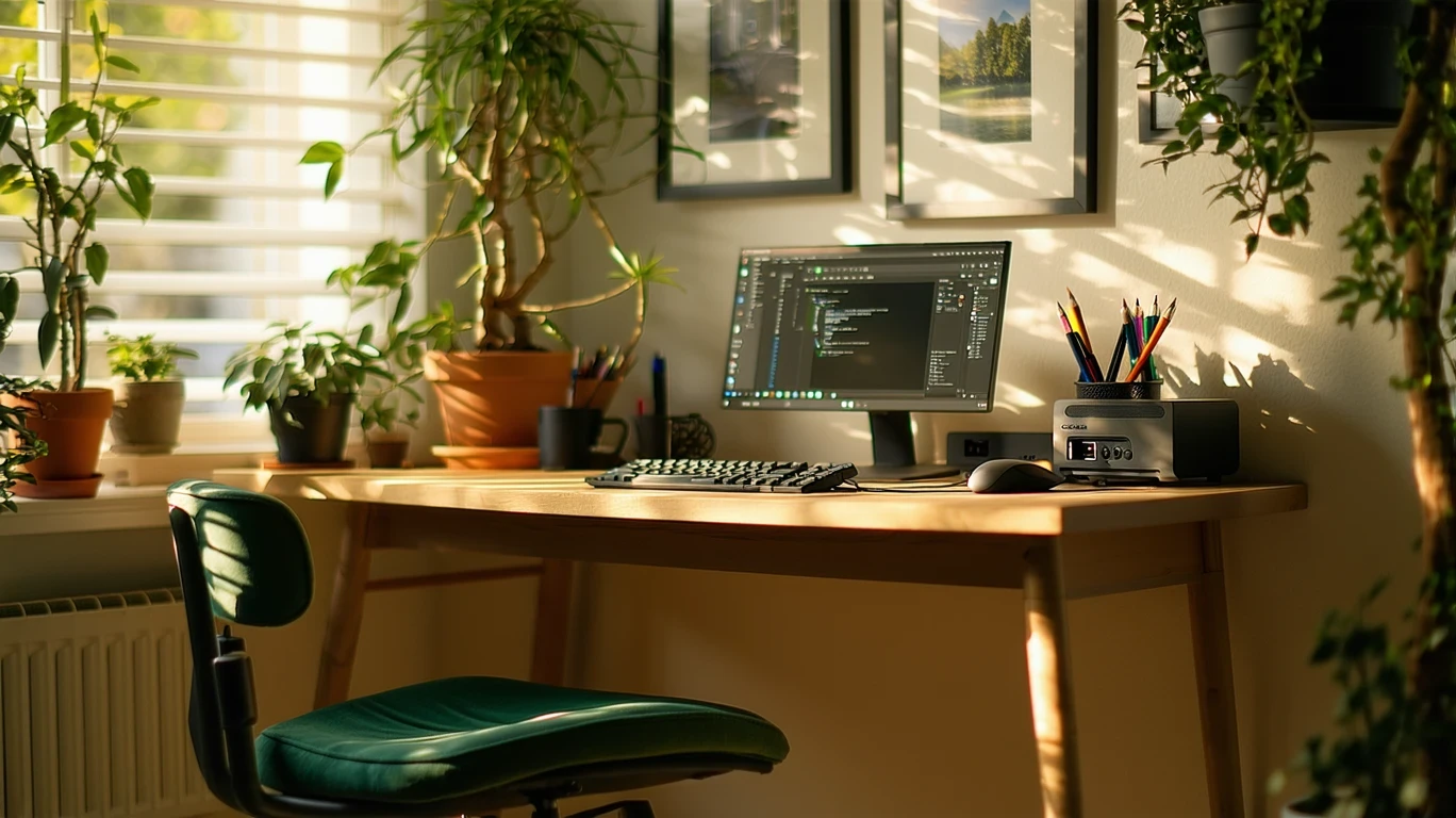 A home office desk with an ethernet cable connecting to a modem and router. Warm natural light and personal touches like plants and photos.