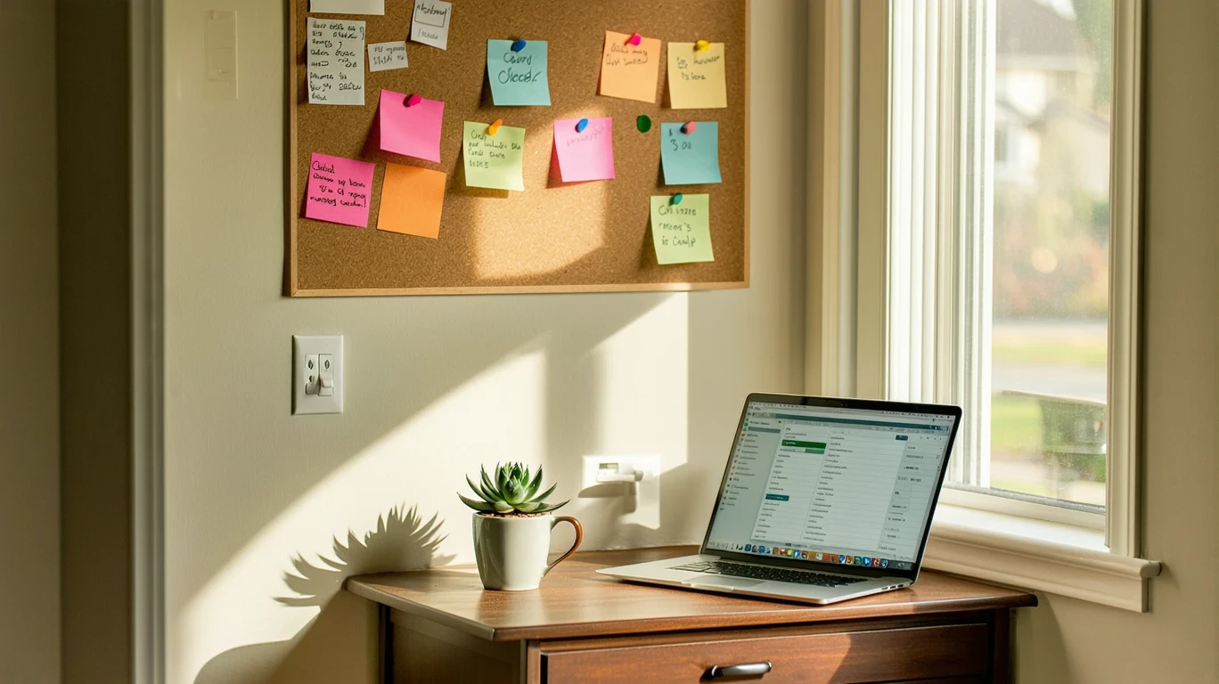 A corkboard with utility bills and a monthly budget pinned up in a home office nook.