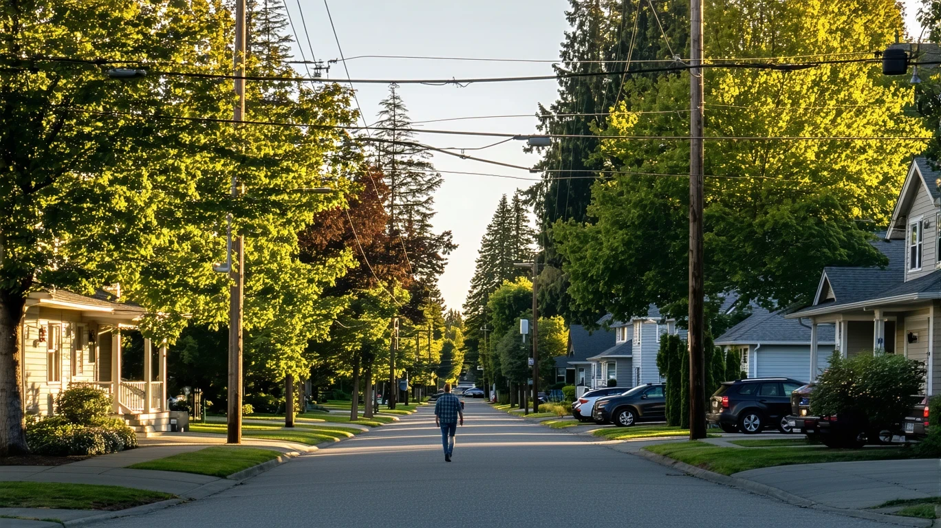 A tree-lined suburban street in Battle Ground, WA with sunlight filtering through maple branches and a person walking on the sidewalk.