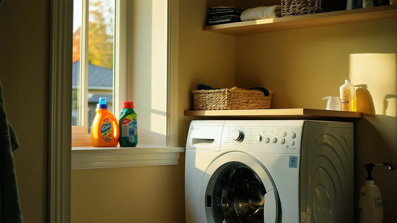 Top-loading washing machine running with detergent bottle on laundry room shelf.