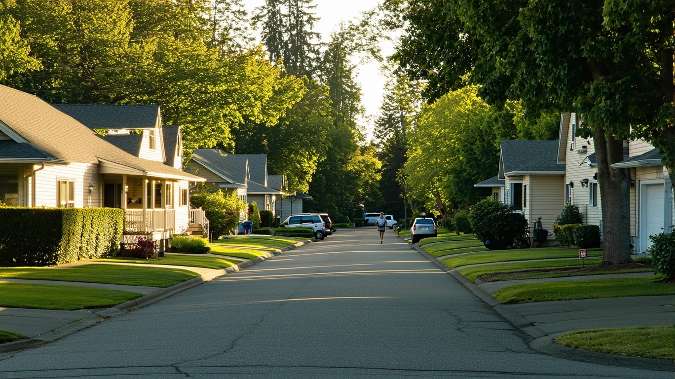 Tree-lined residential street in Battle Ground, WA with one-story homes and a jogger in the distance.