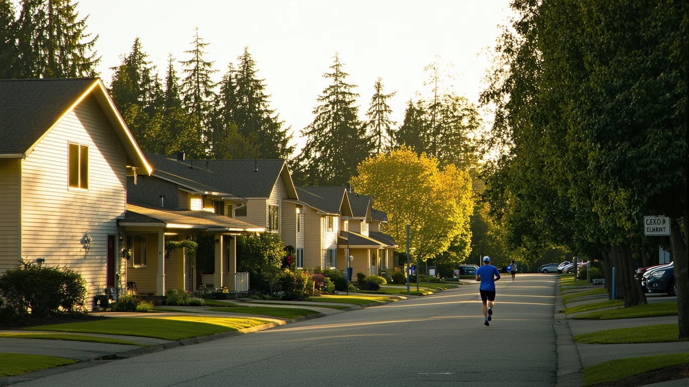 Suburban street in Battle Ground, WA with modest one-story homes and trees in morning light.