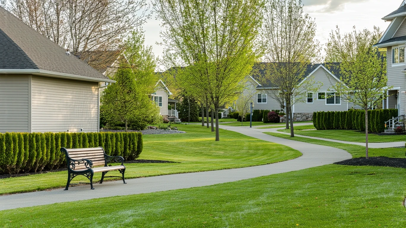 A suburban neighborhood park in Battle Ground, Washington with a grassy lawn, hedges, a bench, and a path.