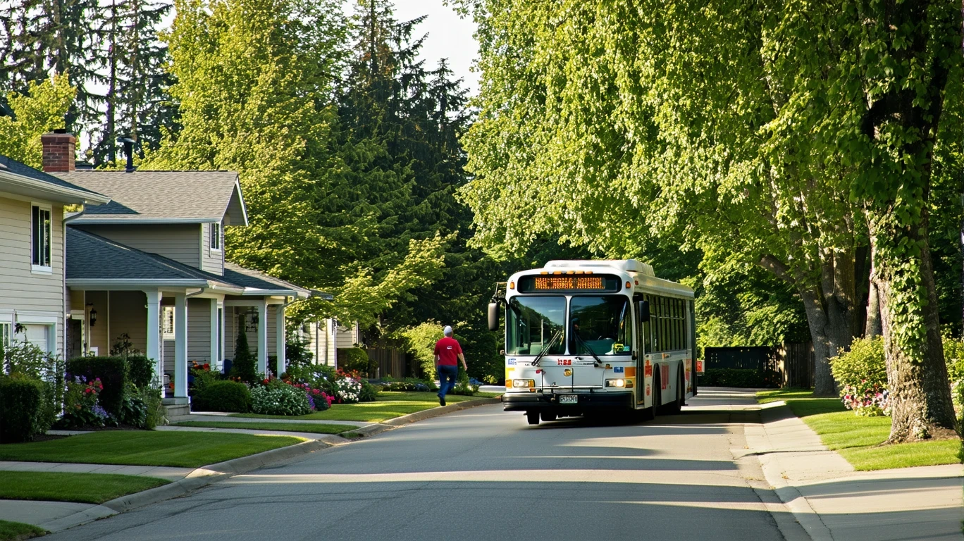 A city bus driving past single-story homes on a tree-lined street in Battle Ground, WA.
