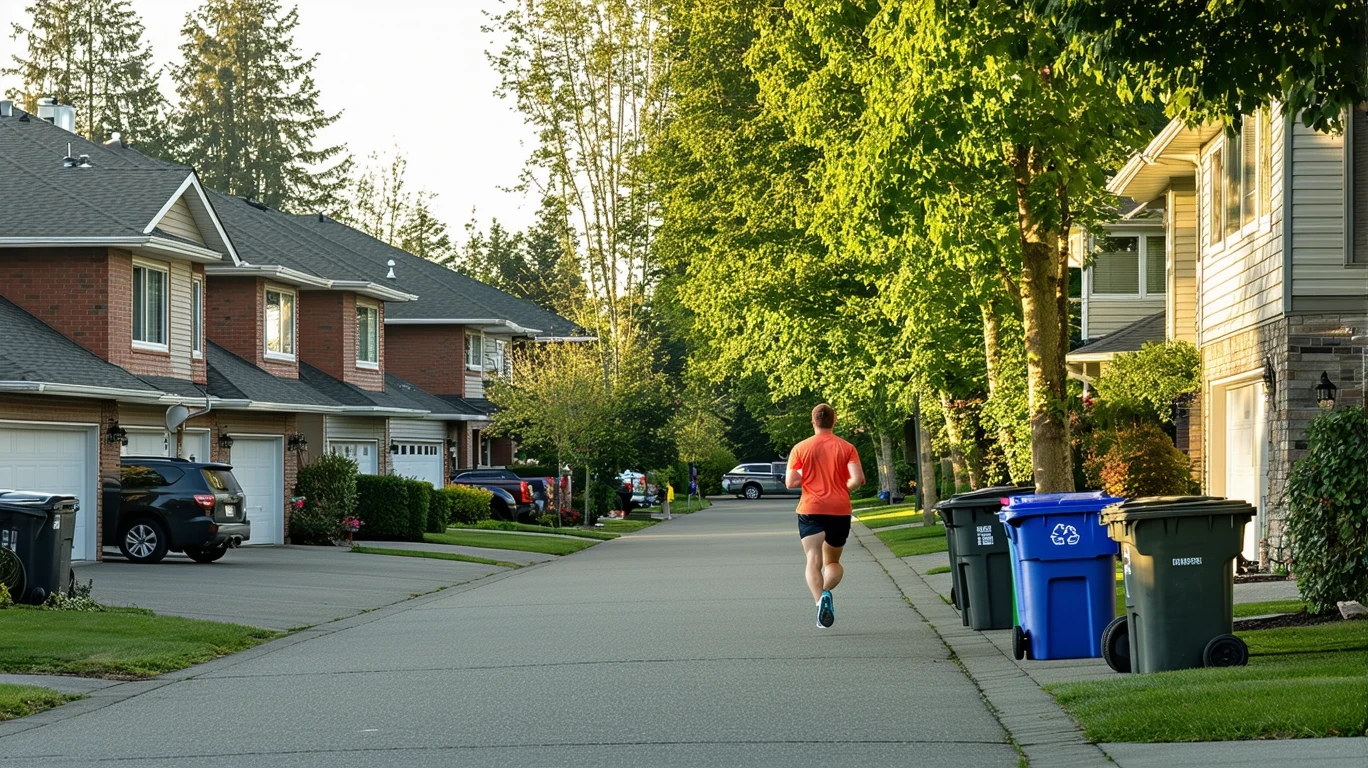 A jogger runs past red-brick homes on a calm suburban street lined with recycling bins and trees.