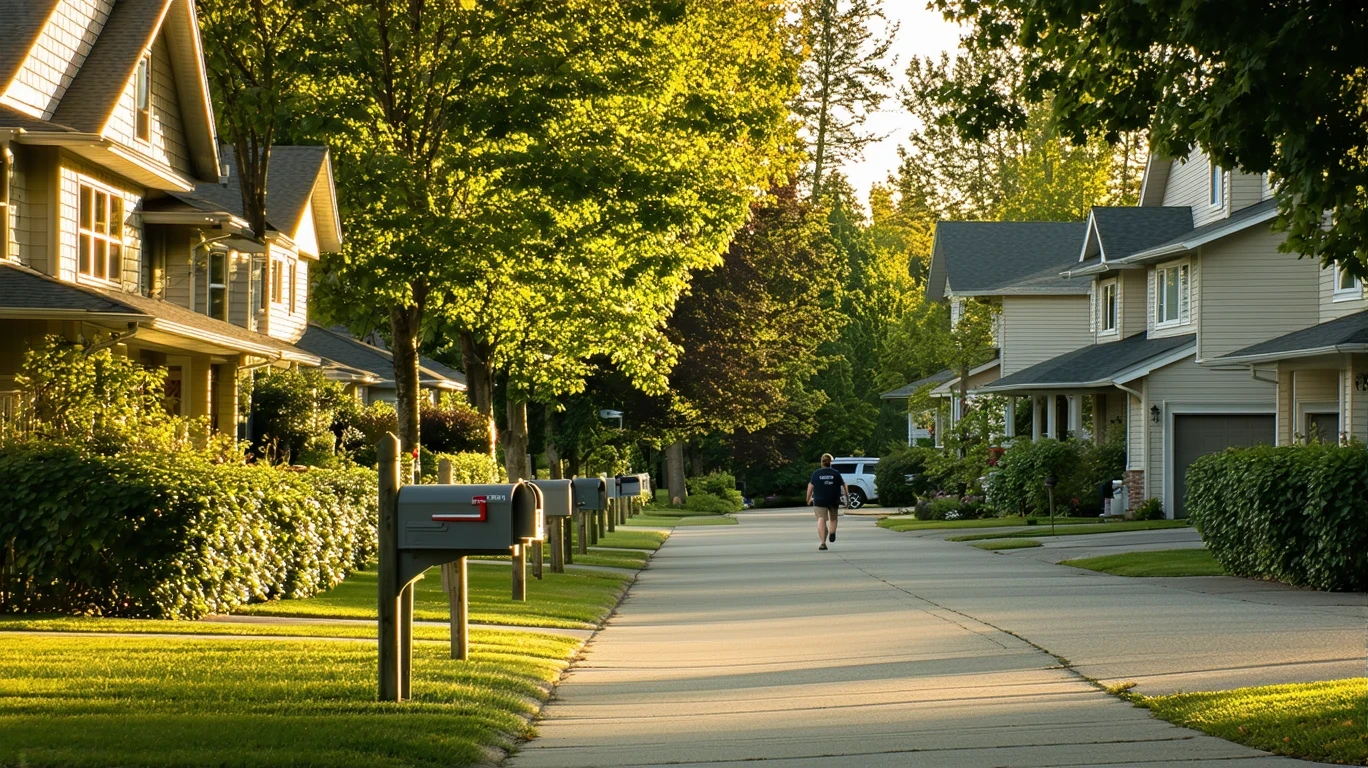 A sunlit suburban sidewalk lined with mailboxes in Battle Ground, WA, with homes visible through trees.