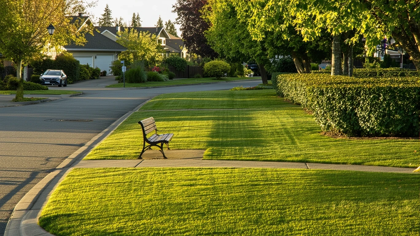 A neighborhood park in Tualatin, Oregon with a walking path, bench, and trimmed hedges.
