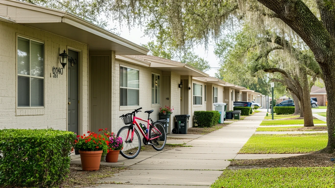 Apartment row with bikes and potted plants in Baytown, Texas on a sunny day.