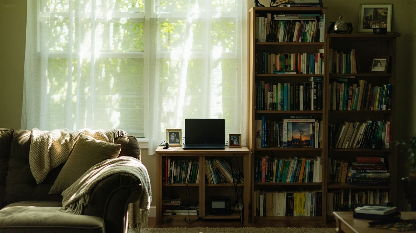 A home bookshelf with a Wi-Fi router and modem tucked between books and decor.