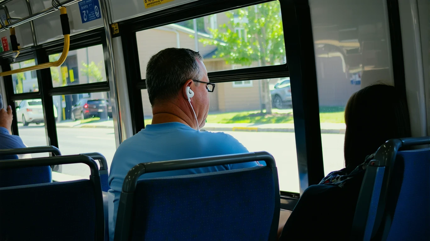 Man with earbuds sitting on city bus, looking out window at passing trees reflected in glass.