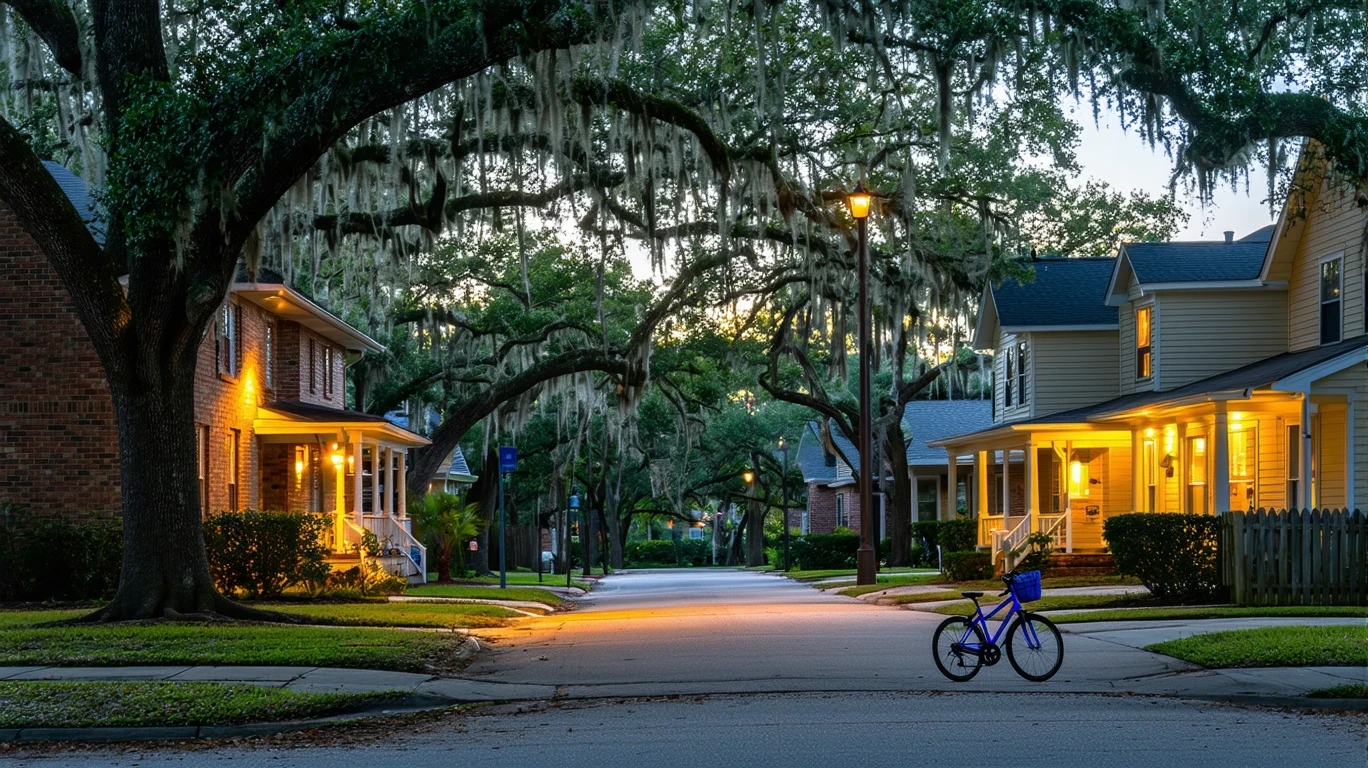 A quiet cul-de-sac in Baytown, Texas at dusk with porch lights on and a child's bicycle near the curb.