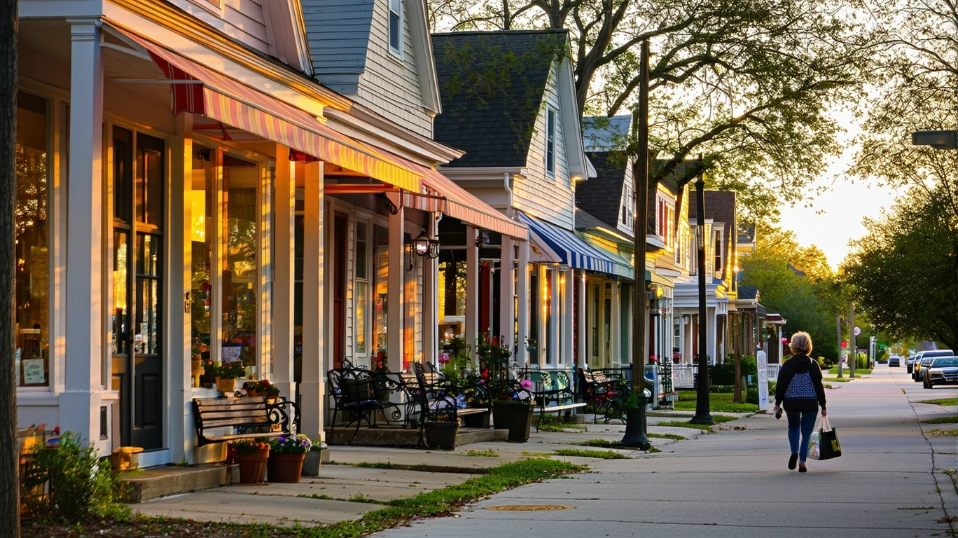 Strip of small shops beside a residential street in Baytown, TX at dusk, with glowing storefronts and a lone pedestrian.