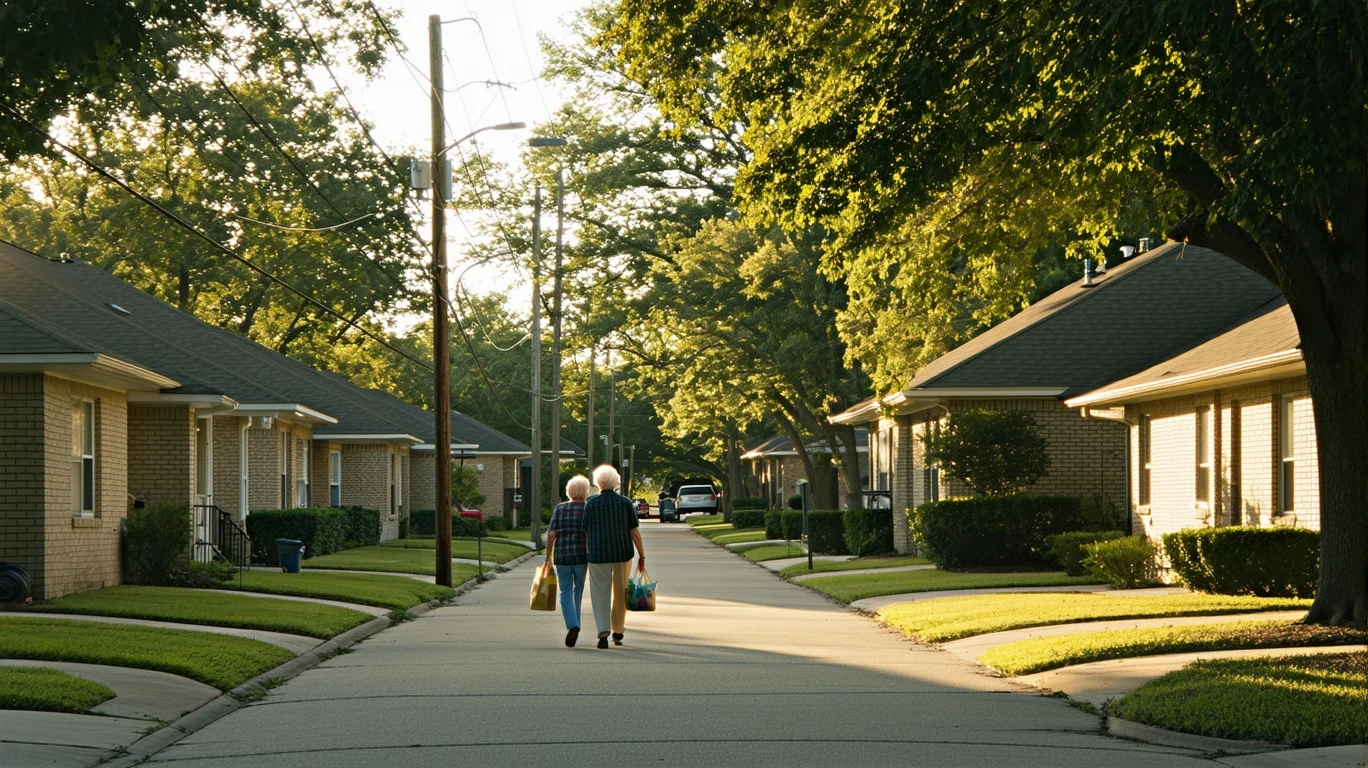A sunlit suburban street in Baytown, Texas with modest single-story homes, maple trees, and an elderly couple walking.