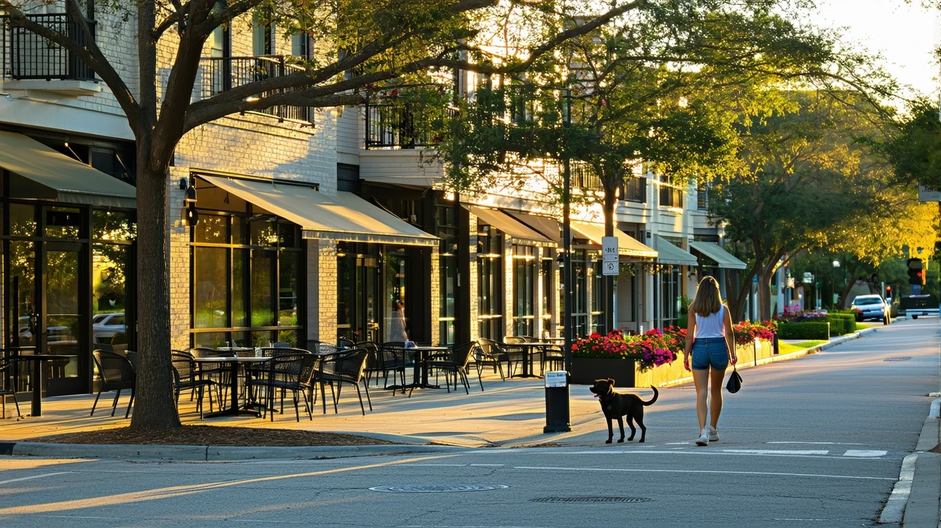 A walkable business district in The Woodlands, Texas at dusk, with local shops, street planters, and a woman walking her dog.