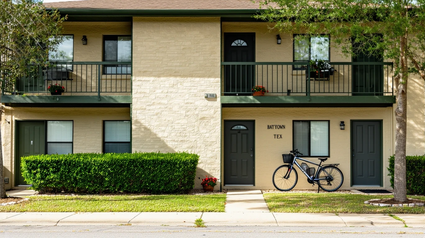 A tidy apartment building in Baytown, TX with potted plants by the doors and bicycles resting against the second-story railing on a warm afternoon.