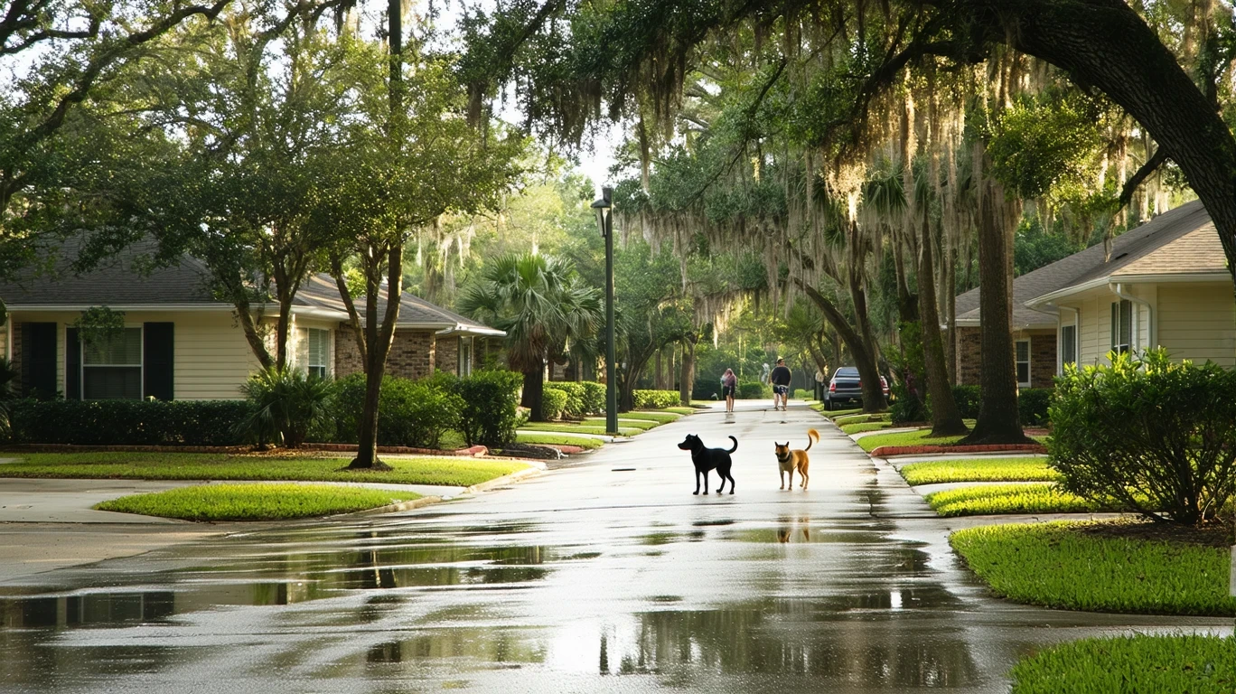 A suburban street in Baytown, Texas with palm trees reflected in puddles on the sidewalk after a rain shower. A couple walks their dog past modest single-story homes.