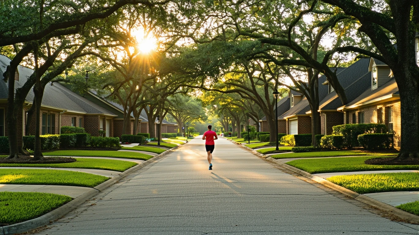 A quiet street in Sugar Land, Texas at sunrise, with long shadows from oak trees stretching across lawns and sidewalks in front of single-story homes. A jogger runs by in the distance.