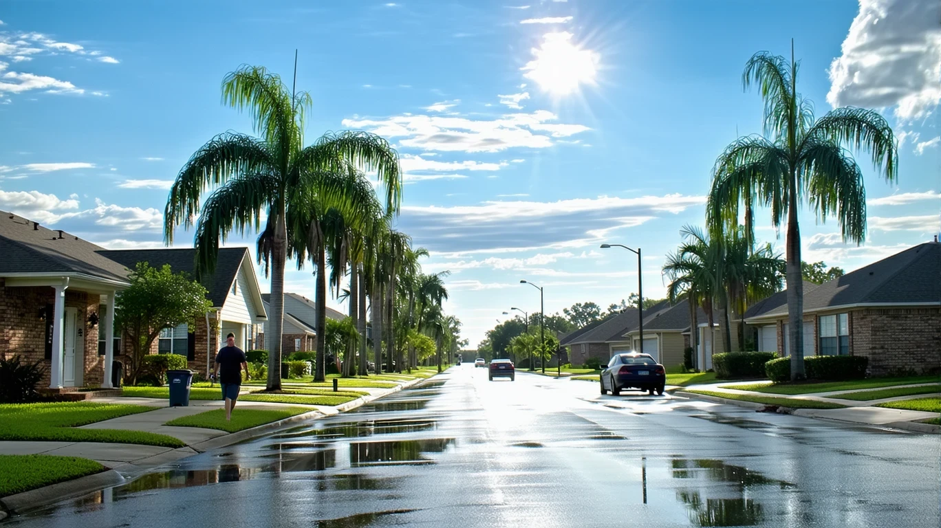A suburban avenue in Baytown, Texas after a rain shower, with palm trees reflected in puddles and modest homes visible in the distance.