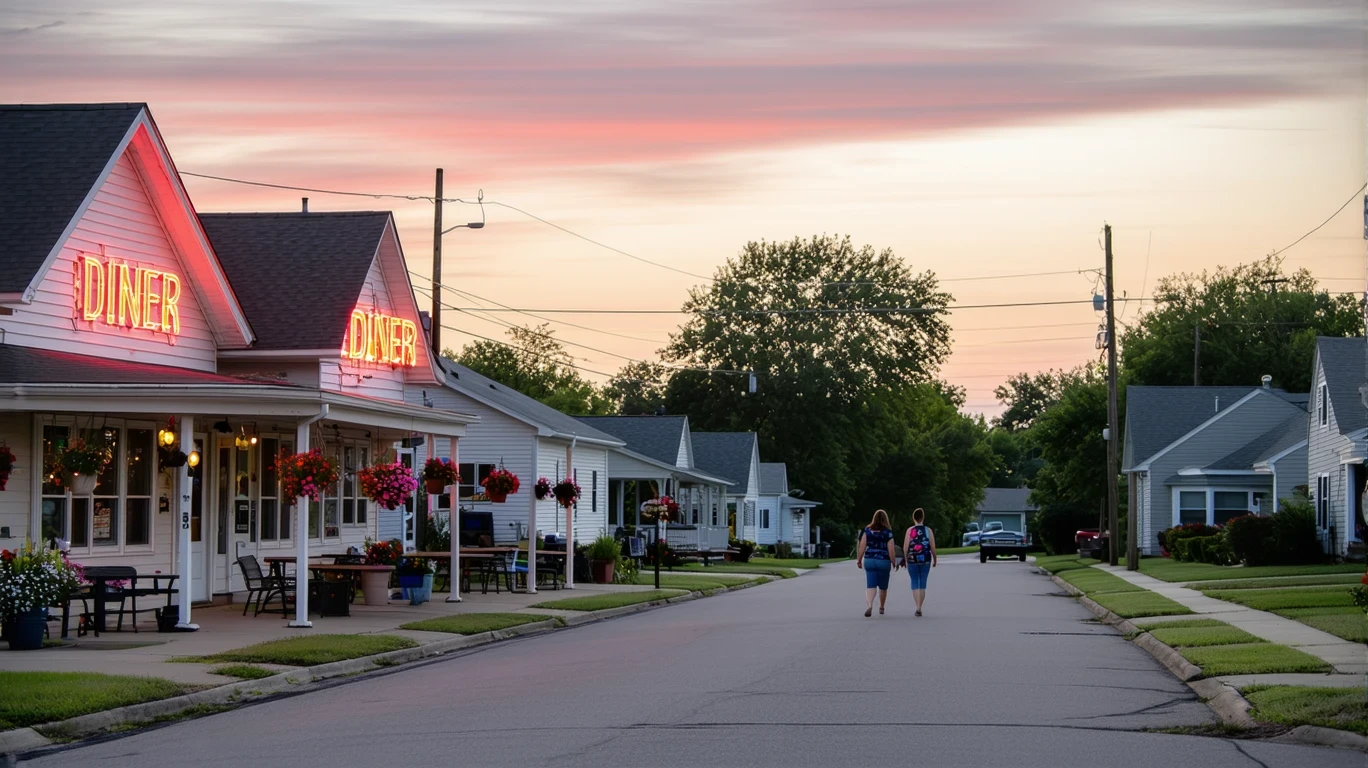 A tranquil street in Pearland, Texas at sunset, with local storefronts next to a residential neighborhood and a couple walking.
