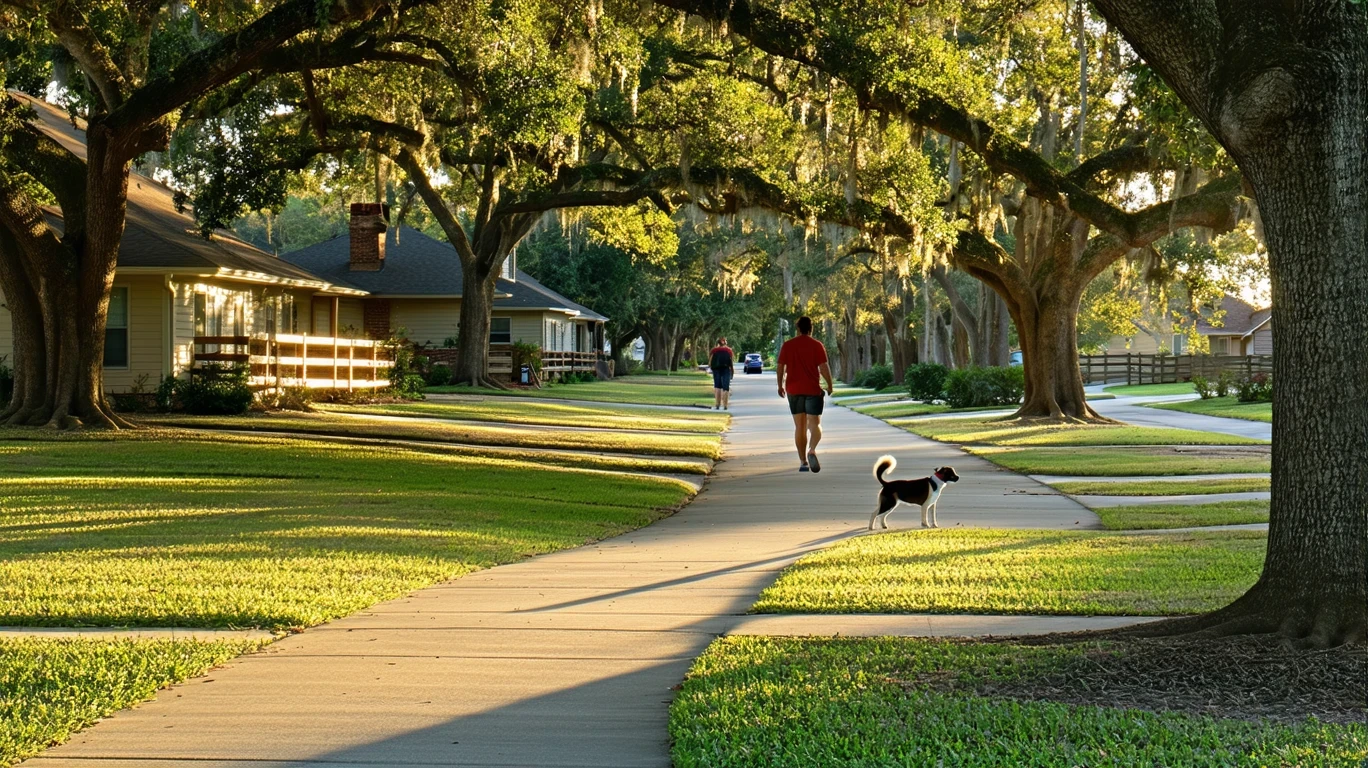 A tree-lined suburban street in Baytown, Texas with sidewalk and homes visible.