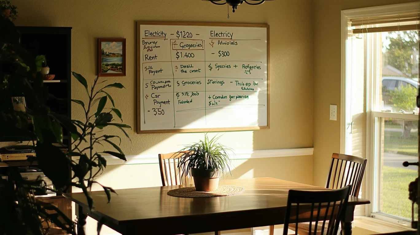 Dining room in Baytown home with monthly budget reminders written on whiteboard