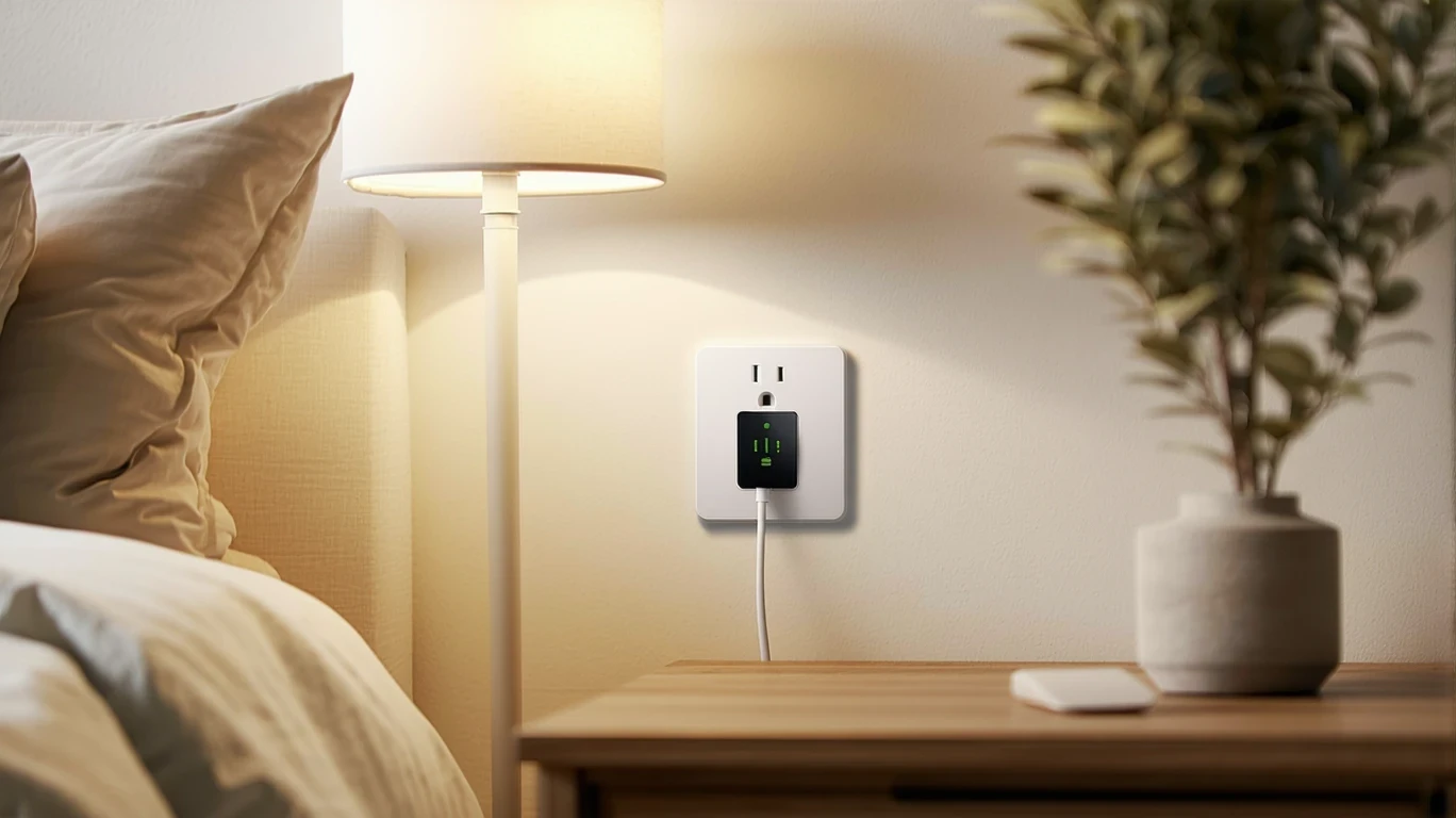 A smart plug and lamp connected to an electrical outlet on a cream colored wall.