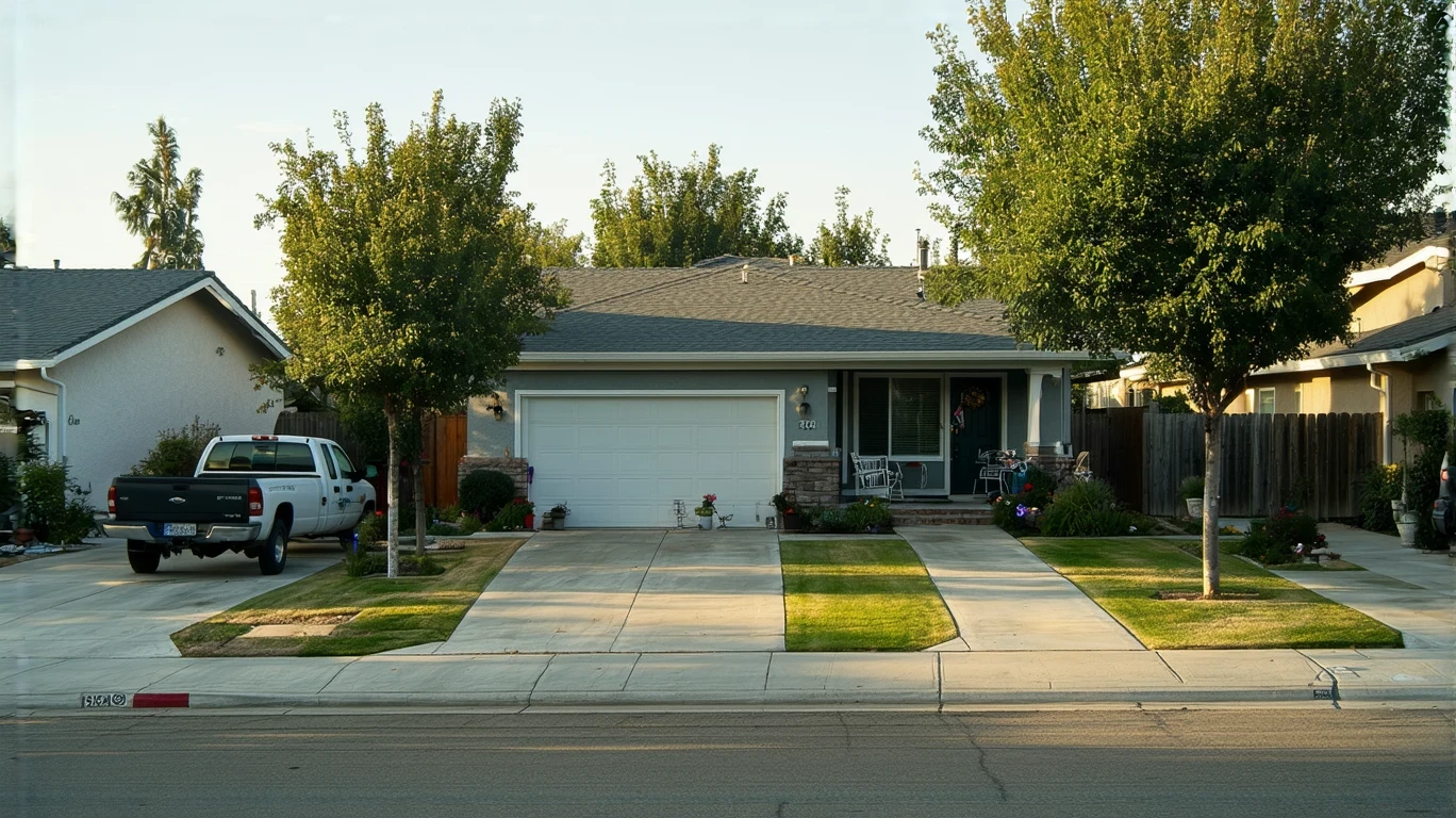 A single-story home on a residential street in Beaumont, California, with long shadows stretching across the front lawn in the early morning light.