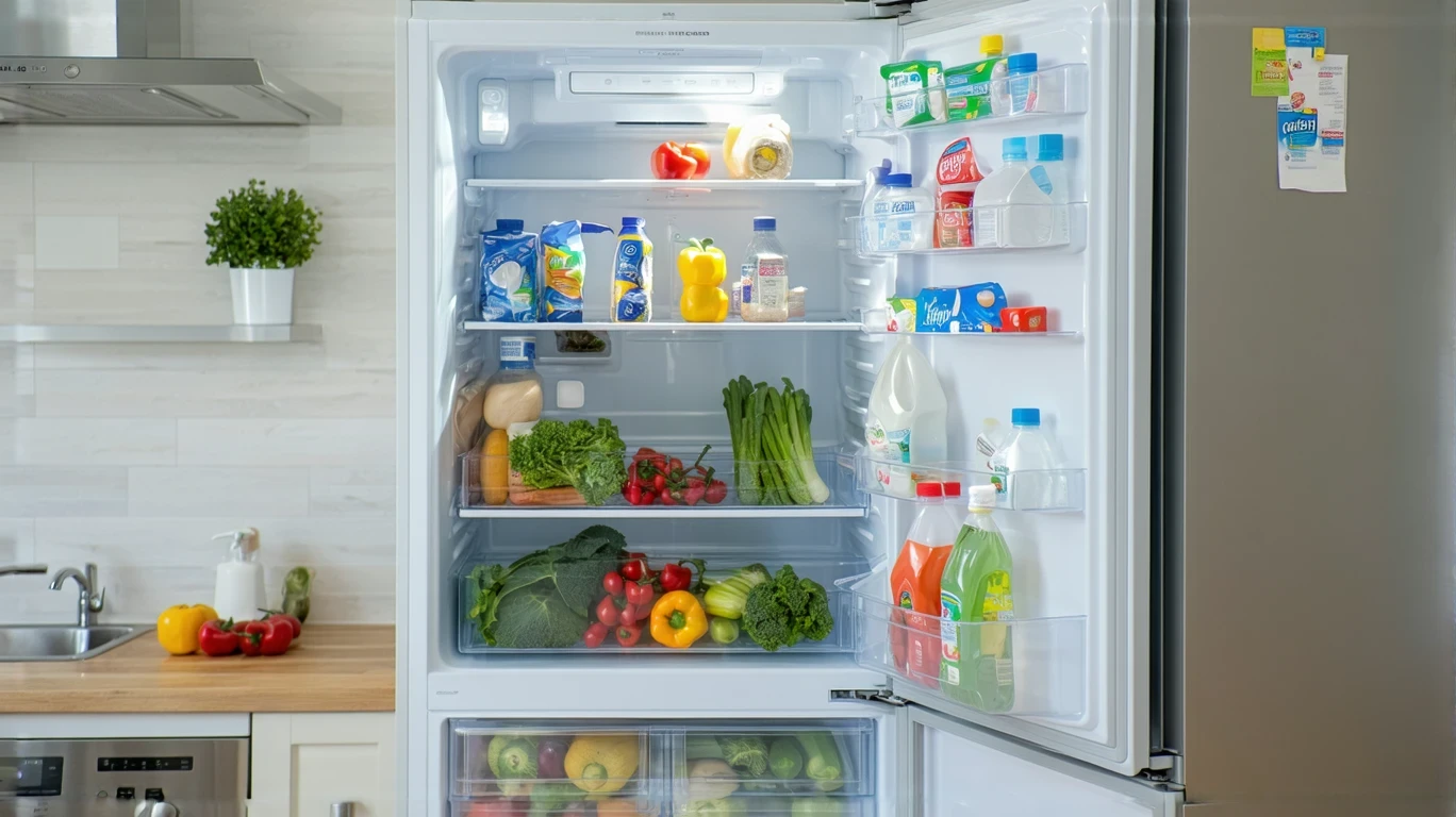 An open refrigerator stocked with groceries like milk, eggs and produce in a kitchen.