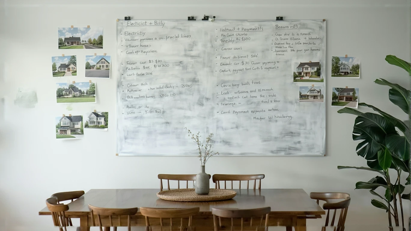A whiteboard on a dining room wall with a handwritten list of monthly bills and expenses, surrounded by family photos and artwork.
