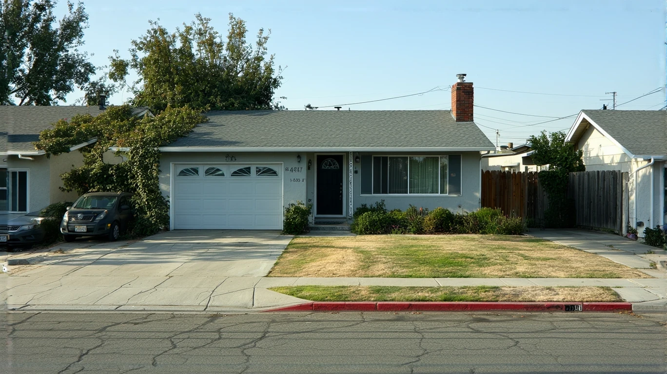 Modest single-story home on residential street corner with patchy yard, older car parked on curb, and power lines overhead.