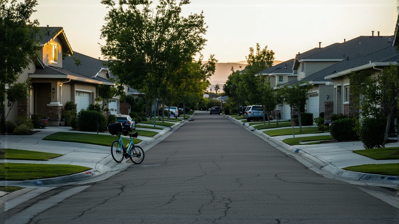 A cul-de-sac of single-story homes at dusk, a child's bicycle lying near the curb, streetlights just turning on.