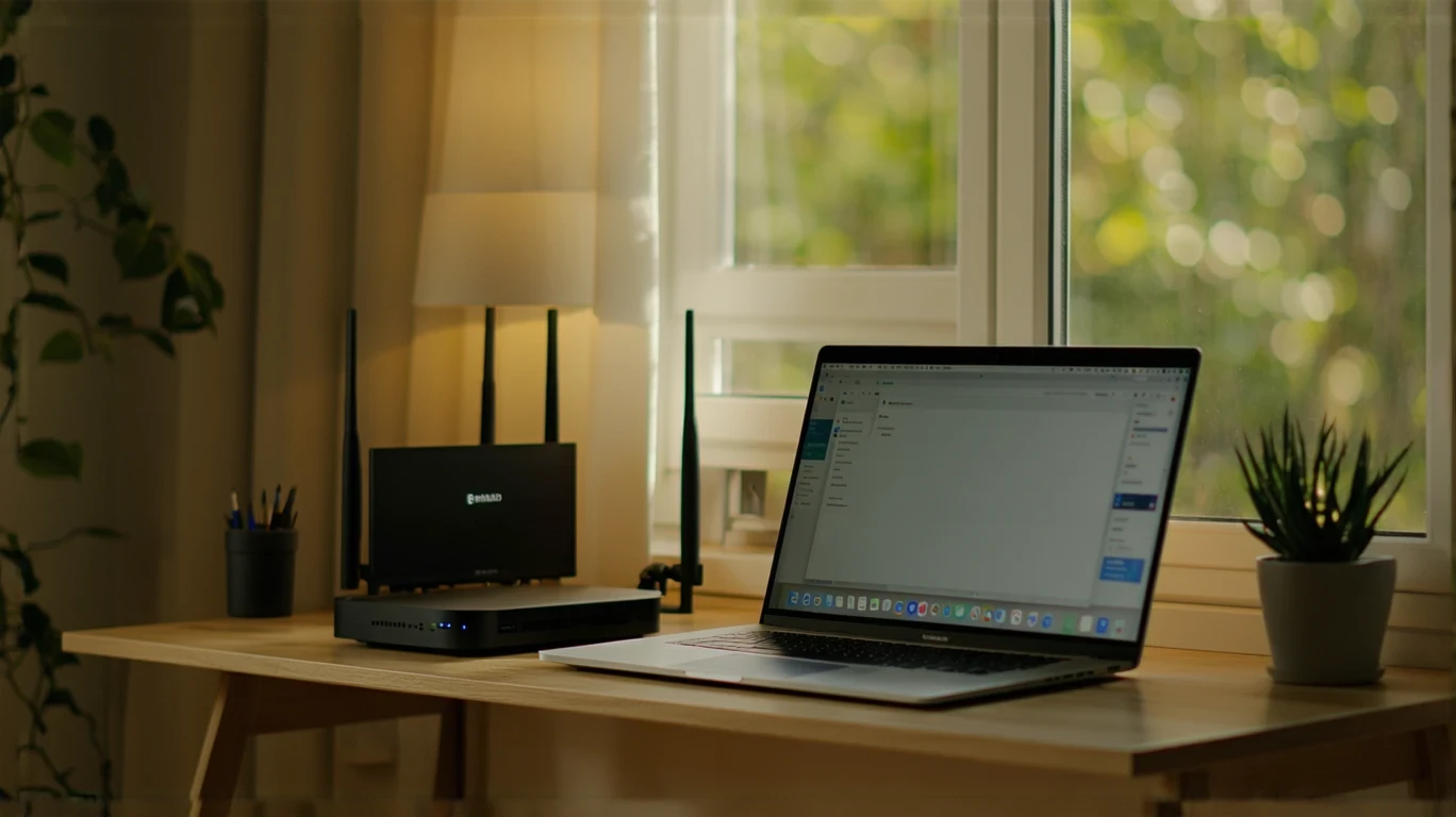 A home office setup with a modem, router, and laptop streaming video.