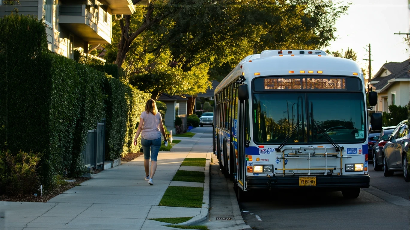 A woman boarding a Valley Metro bus in a Beaumont neighborhood at sunrise