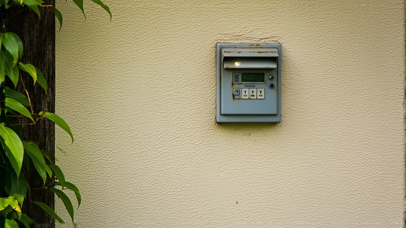 An open residential fuse box mounted on a stucco wall, illuminated by a flashlight.
