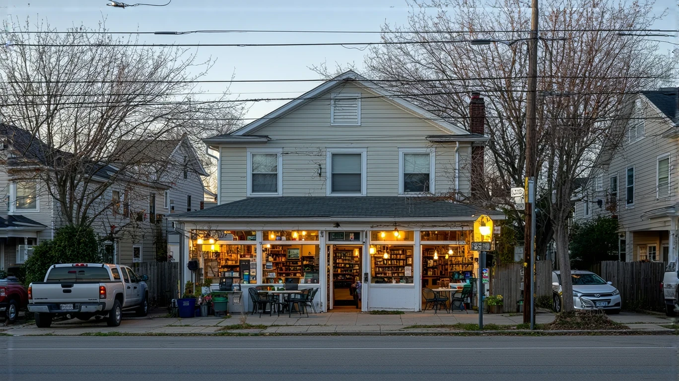 A row of small shops with empty patios and planters at dusk, with a neighborhood street of modest homes visible behind them.