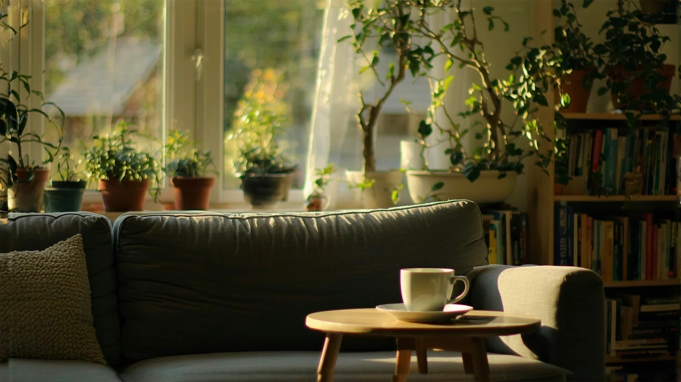 A sunlit living room with a couch, bookshelf, and view of a small front yard.