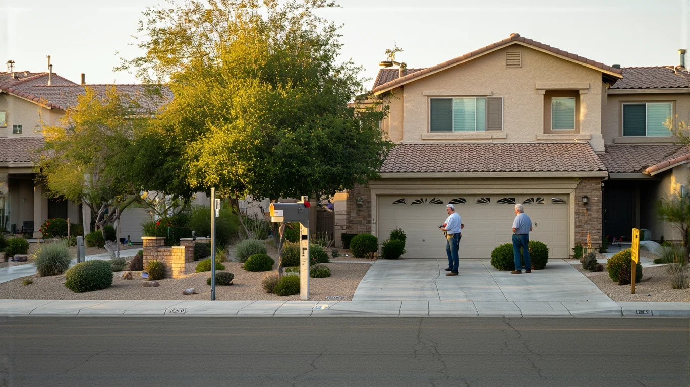 A man getting his morning paper on a quiet suburban street in Beaumont, California