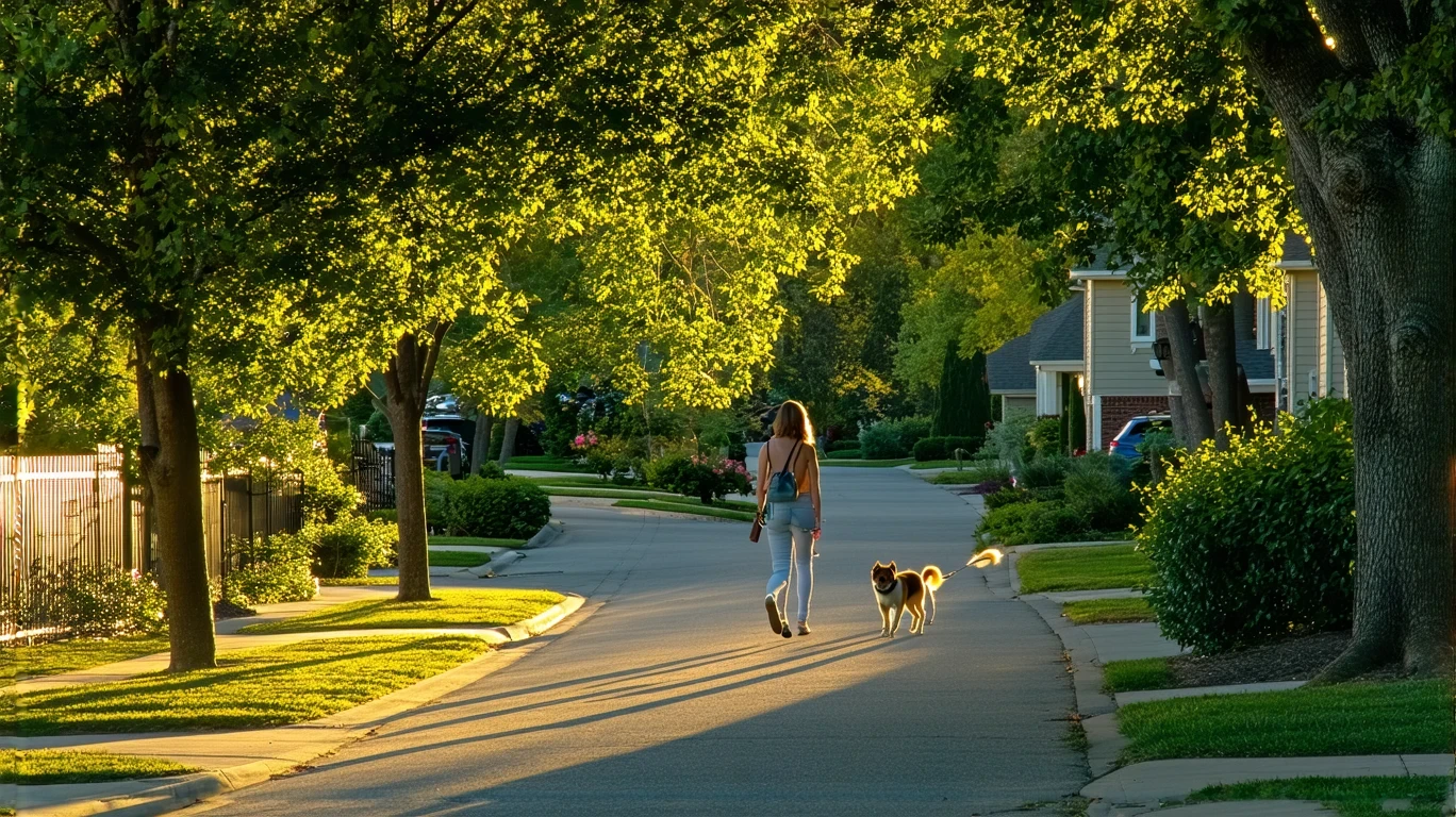 A woman walks her dog on a tree-lined sidewalk in a Riverside neighborhood